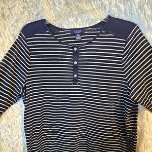 Chaps Silver Sparkly Stripes Blue Henley Top Size 1X Classic Nautical Coastal